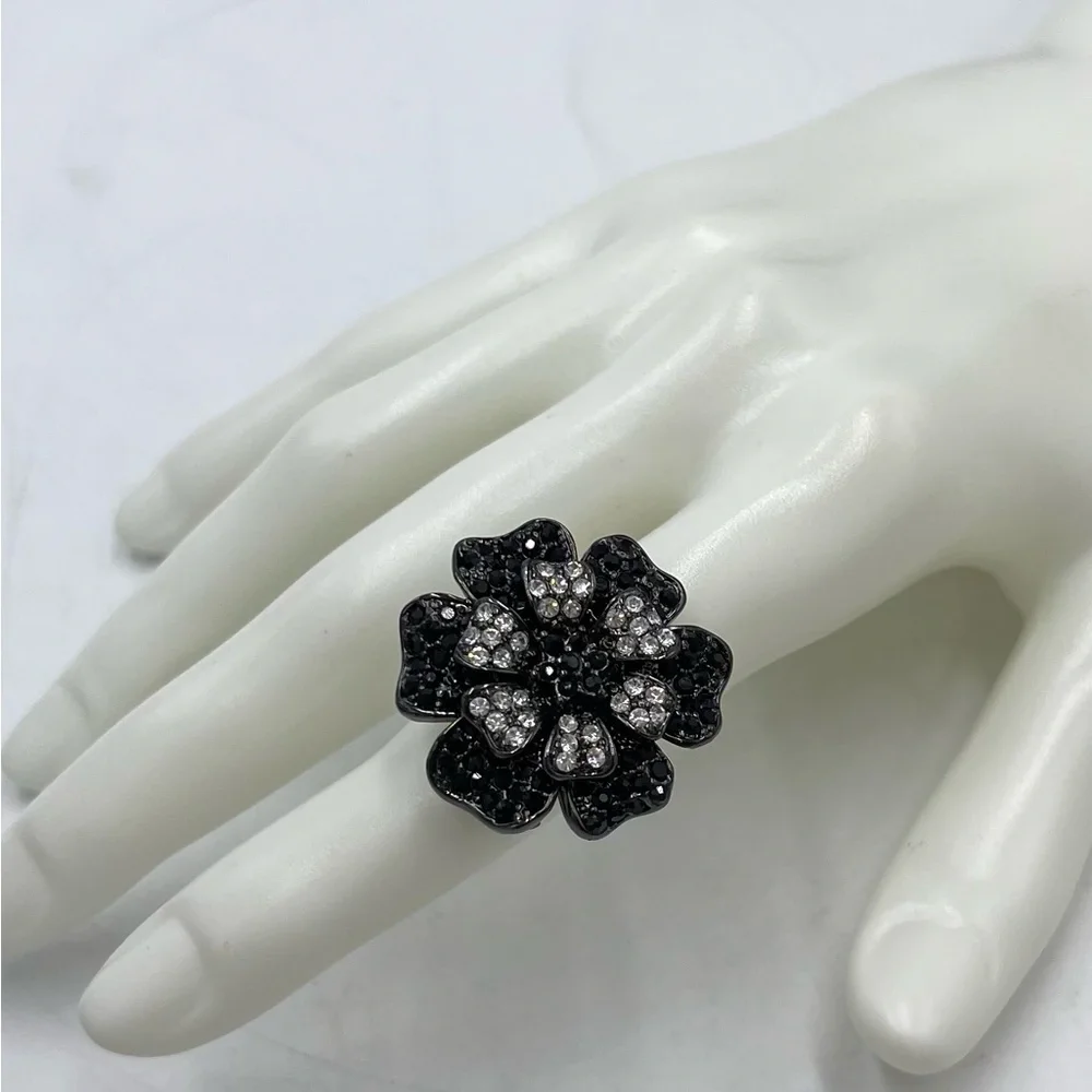 Rare Joan‎ Rivers Gunmetal Finish Belle Fleur Black & Clear Crystal Ring 6 New